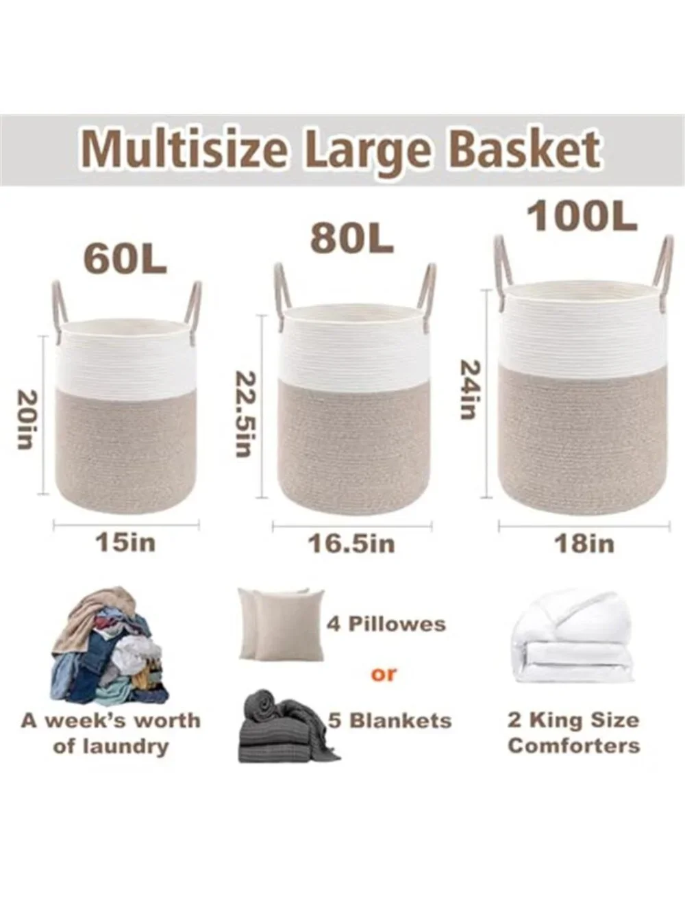 New 60L Cotton Rope Laundry Basket Hamper, Brown